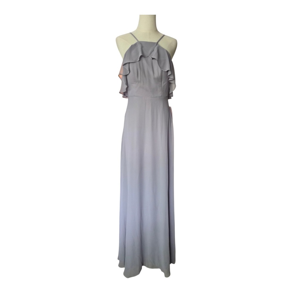 Birdy Grey Jules Dress Medium Silver Gray Chiffon Ruffle Halter Maxi Bridesmaid
